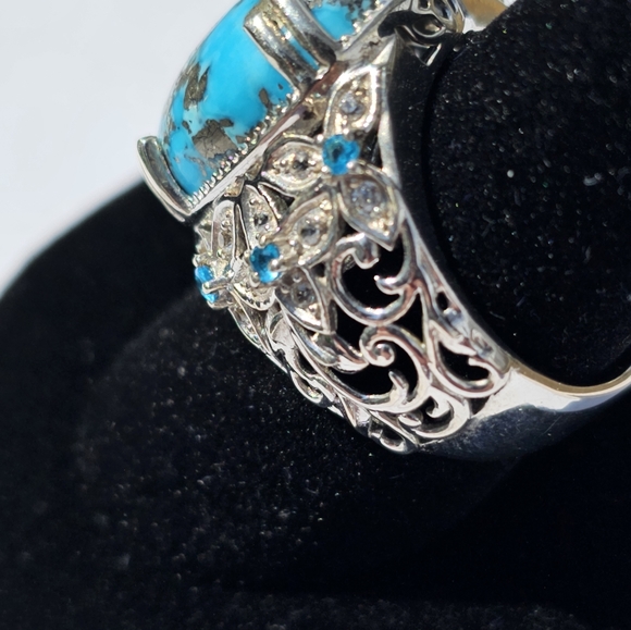 Genuine Turquoise & Neon Apatite 💍 w/White Sapphires in Platinum/925 Size 9 - Picture 4 of 12